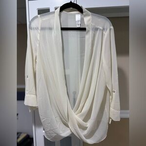 Wayne Layers Cream Draped Blouse with Cuffed 3/4 Sleeves